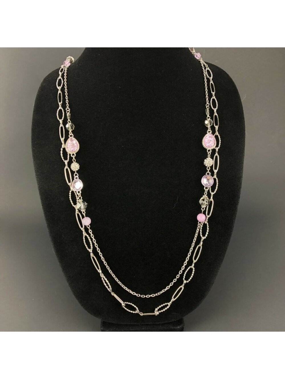 Kohls Metal Necklace Long Double Strand Chain Silver Tone Lavender Beads